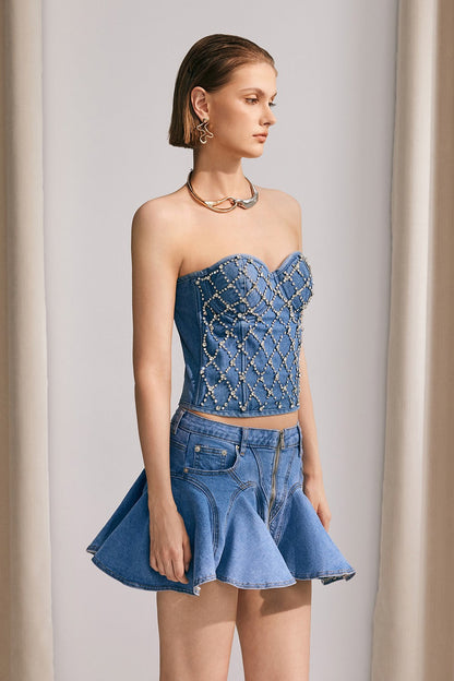 Livia Diamonds İşlemeli Straplez Denim Üst