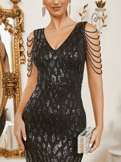 Zarif Ombre Boncuklu Mermaid Maxi Elbise