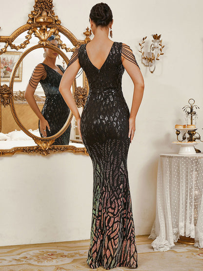 Zarif Ombre Boncuklu Mermaid Maxi Elbise