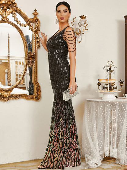 Zarif Ombre Boncuklu Mermaid Maxi Elbise