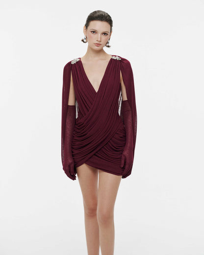 Niobe Dökümlü Mini Elbise-Bordo