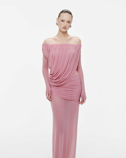 Apolline Drapeli Abiye Maxi Elbise-Pembe