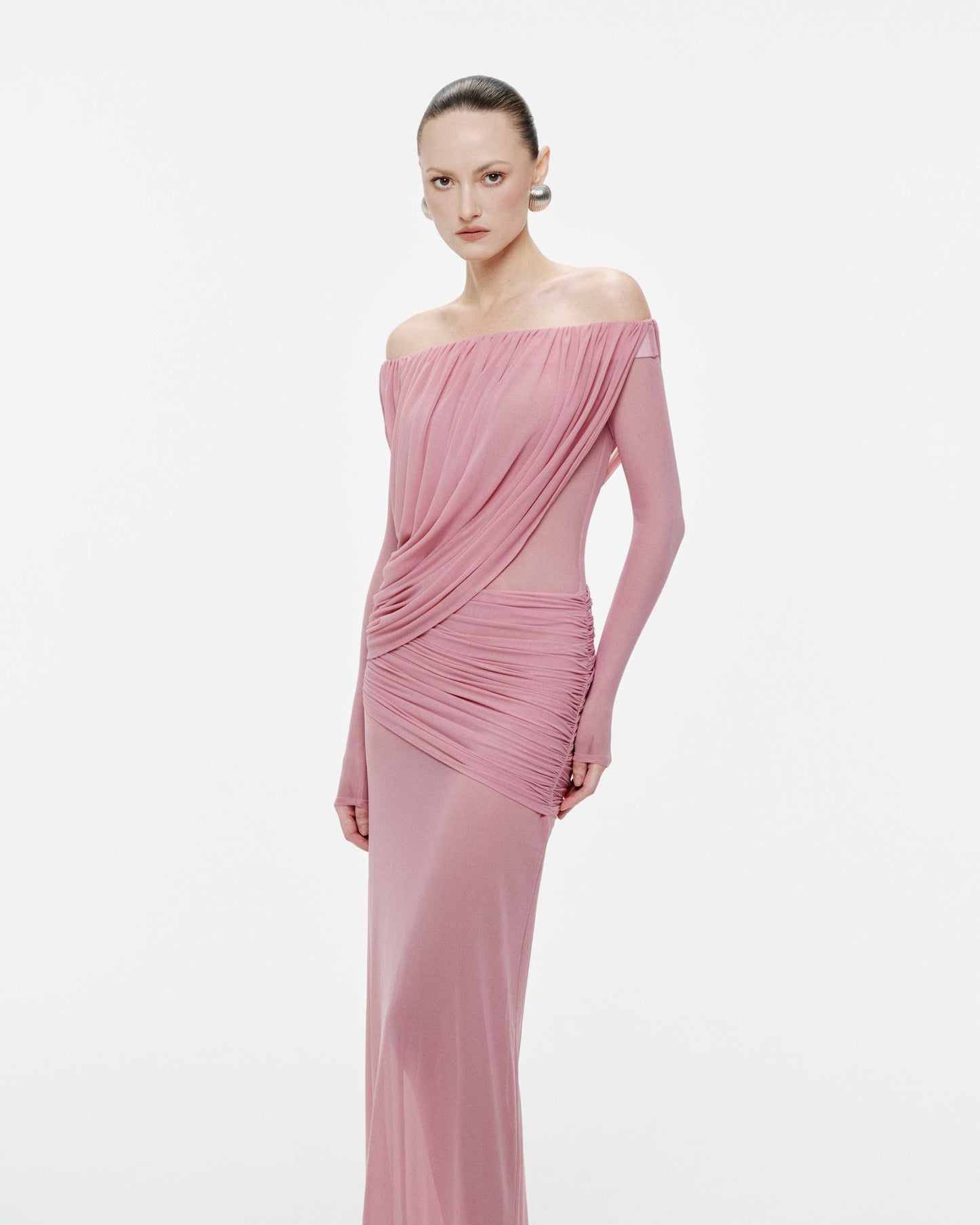 Apolline Drapeli Abiye Maxi Elbise-Pembe