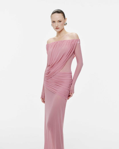 Apolline Drapeli Abiye Maxi Elbise-Pembe