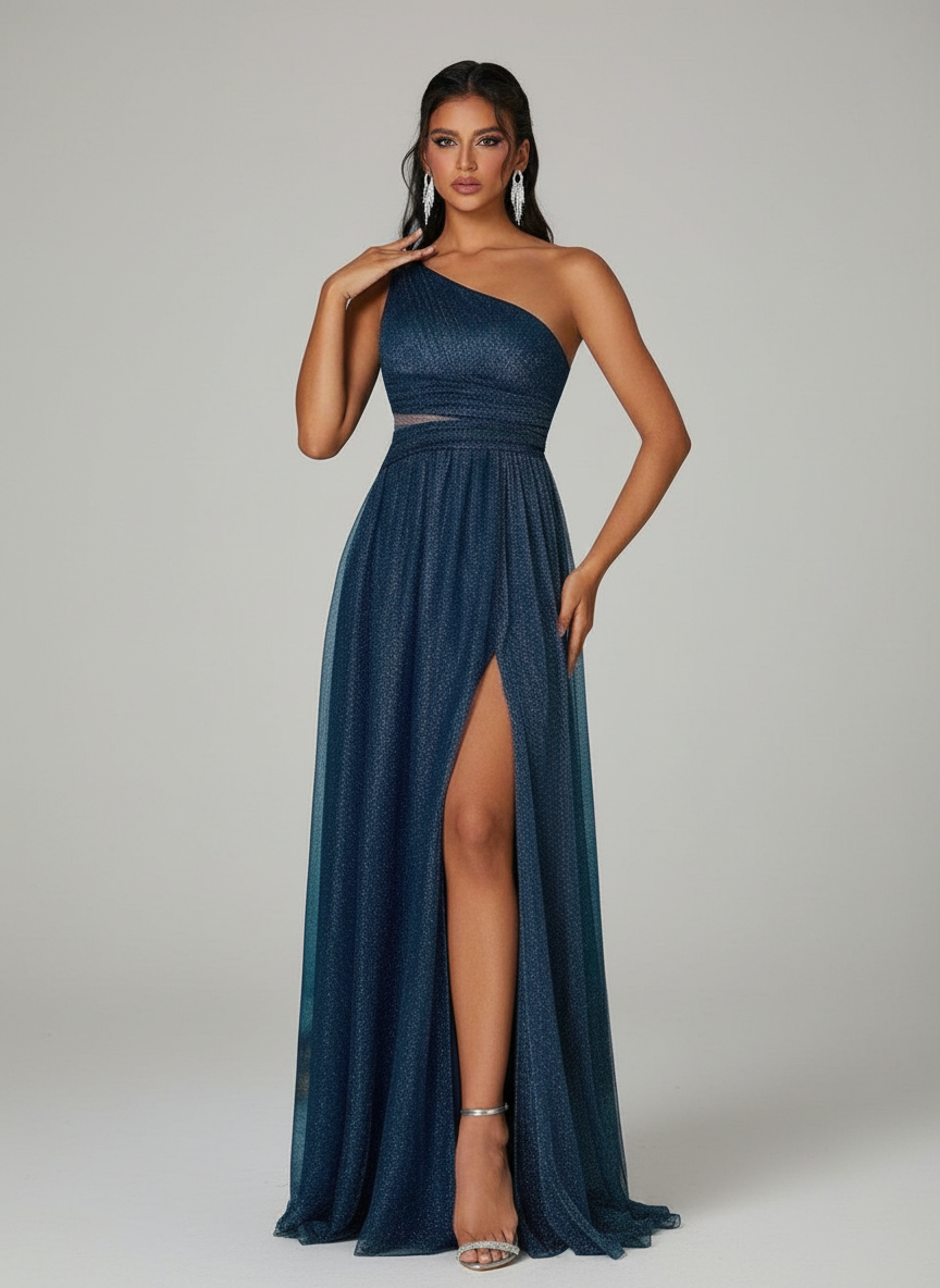 Thea Tek Omuzlu File Pileli Maxi Elbisesi