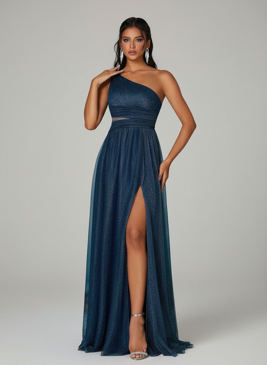 Thea Tek Omuzlu File Pileli Maxi Elbisesi