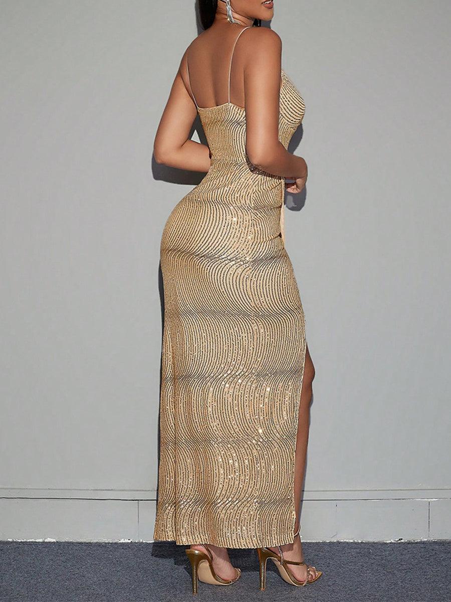 Ione Kolsuz Payetli V Yaka Maxi Elbise