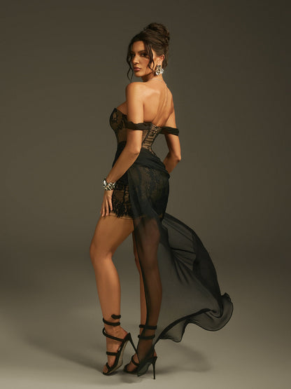 Omuzları Açık Dantel File Maxi Elbise