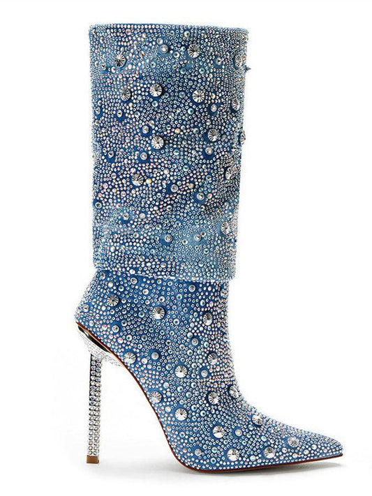 Mia Taşlı Simli Denim Çizme