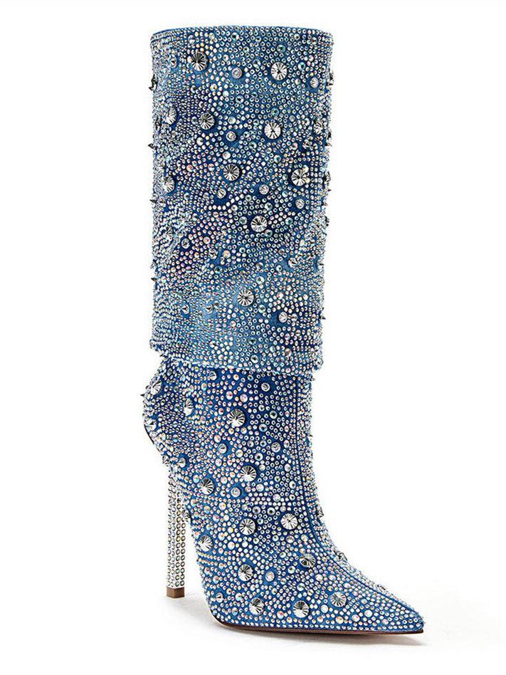 Mia Taşlı Simli Denim Çizme