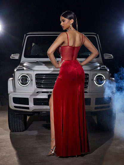 Fern Korseli Omuzsuz Kadife Maxi Elbise