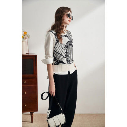 Sweter z kwiatowym wzorem, dzianinowy top i kamizelka