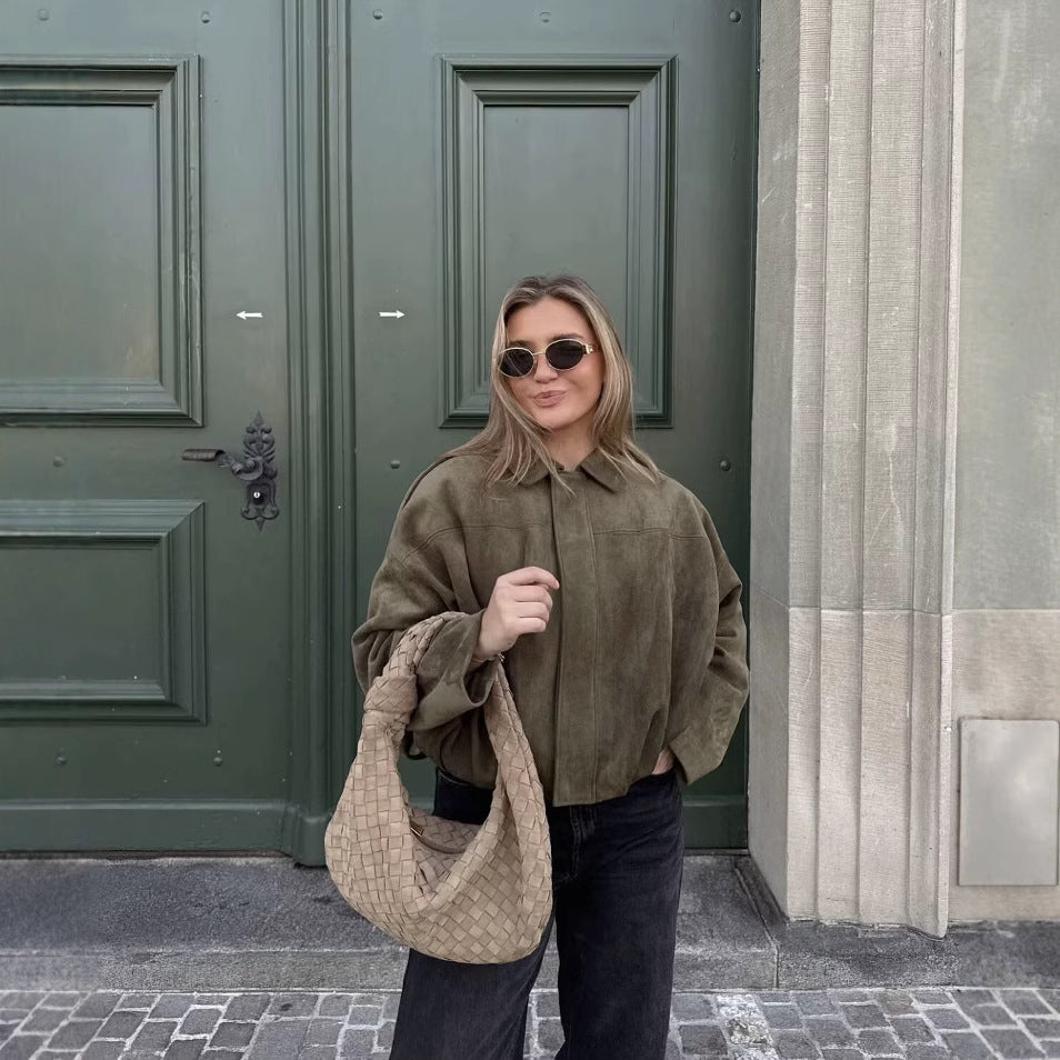 Oversize Yeşil Süet Görünümlü Mont