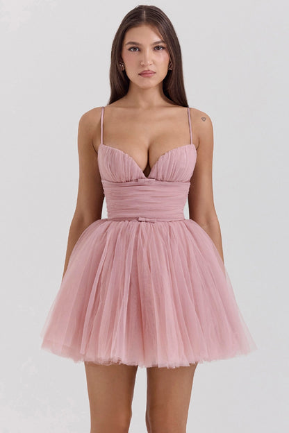 Pretty Fiyonklu Tül Slip Parti Mini Elbise-Pembe