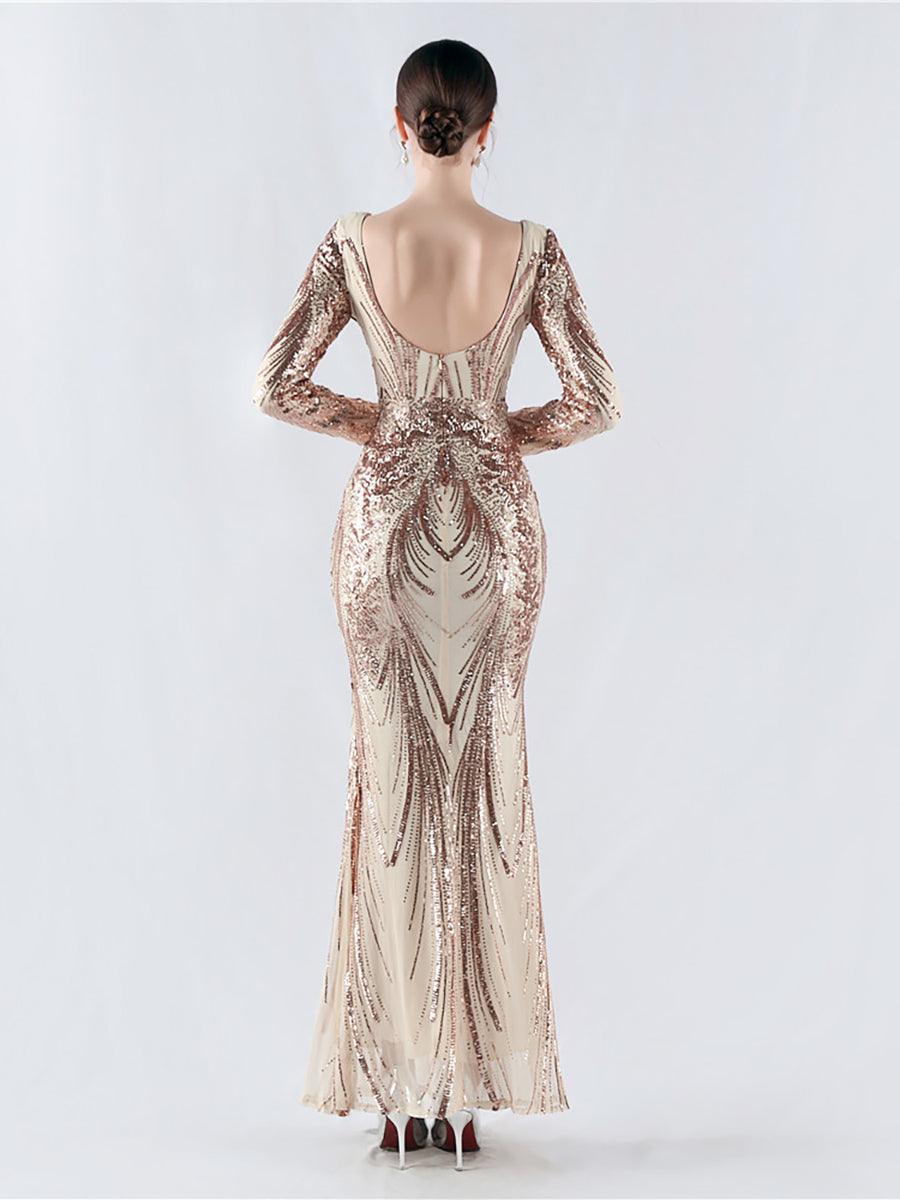 Runa V Yaka Sırtı Açık Maxi Elbise