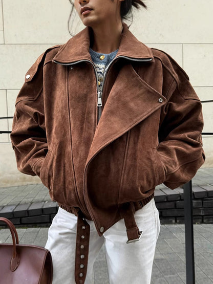 Oversize Süet Görünümlü Kahverengi  Mont