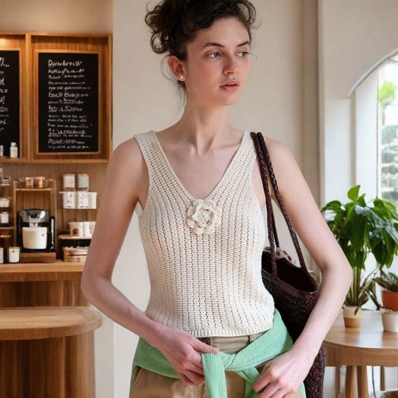 Bezrękawnik dzianinowy z kwiatowymi zdobieniami