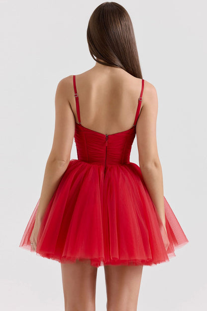 Pretty Fiyonklu Tül Slip Parti Mini Elbise-Kırmızı