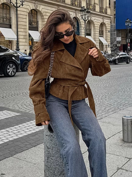 Nerida Camel Süet Kısa Trençkot