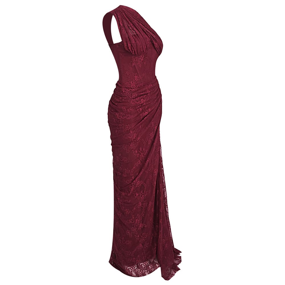 Melisande Tek Omuz Maxi Elbise-Bordo