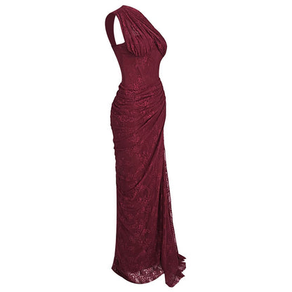 Melisande Tek Omuz Maxi Elbise-Bordo