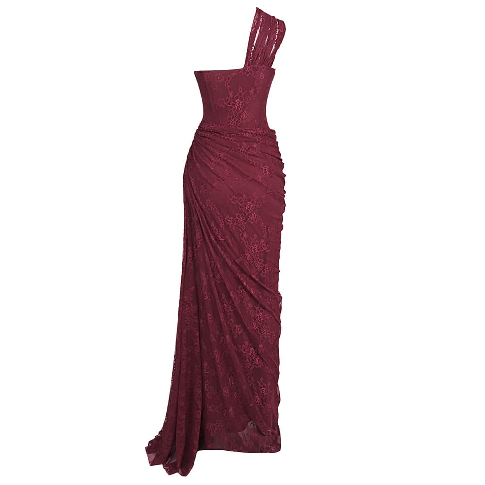 Melisande Tek Omuz Maxi Elbise-Bordo