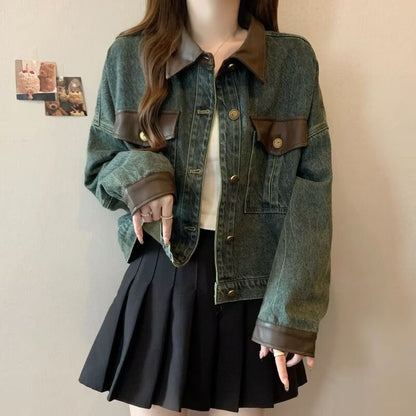 Vintage Kontrast Süslü Yaka Kot Ceket