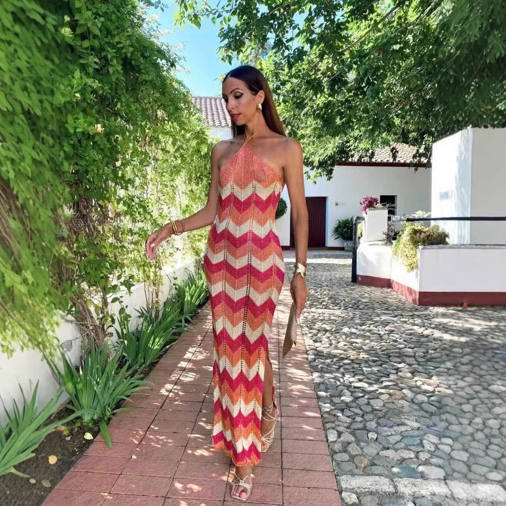 Renk Bloklu Halter Düğümlü Bölünmüş Örgü Pareo Elbise