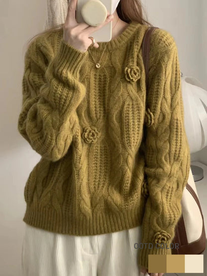 Sweter z dzianiny kablowej z 3D kwiatowym wzorem