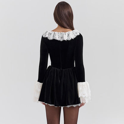 Mona Kare Yaka Kadife Mini Elbise