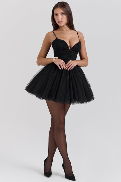 Pretty Fiyonklu Tül Slip Parti Mini Elbise-Siyah