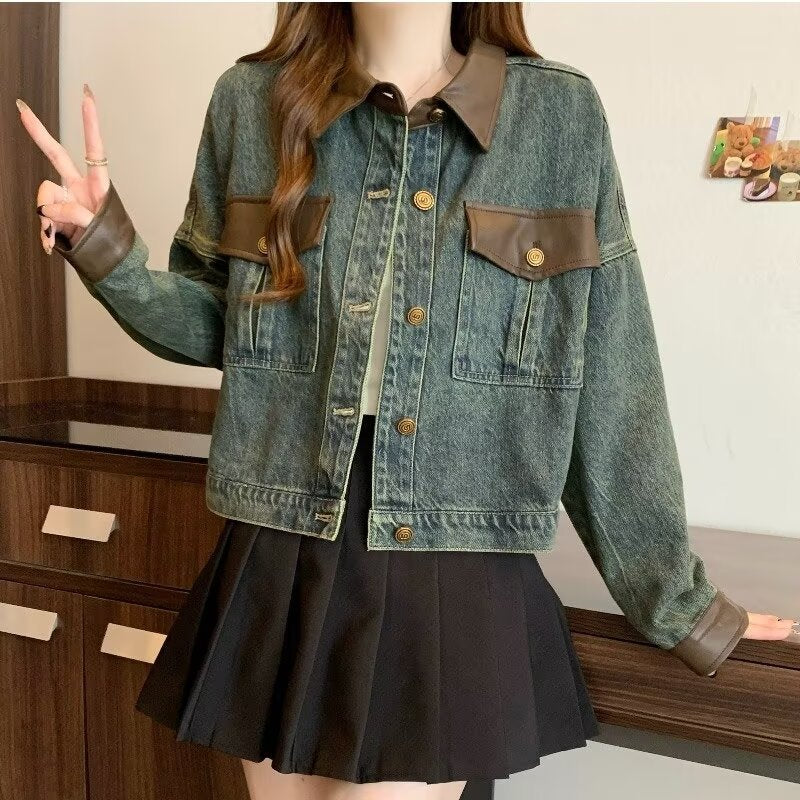 Vintage Kontrast Süslü Yaka Kot Ceket