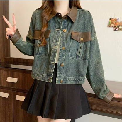 Vintage Kontrast Süslü Yaka Kot Ceket