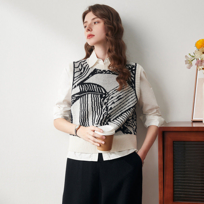 Sweter z kwiatowym wzorem, dzianinowy top i kamizelka