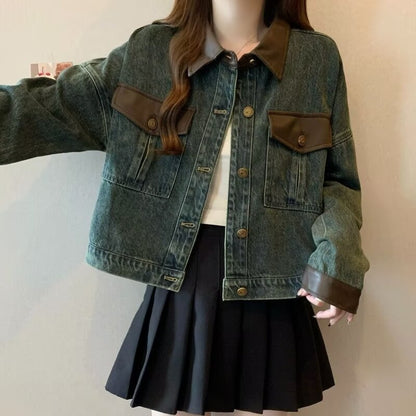 Vintage Kontrast Süslü Yaka Kot Ceket