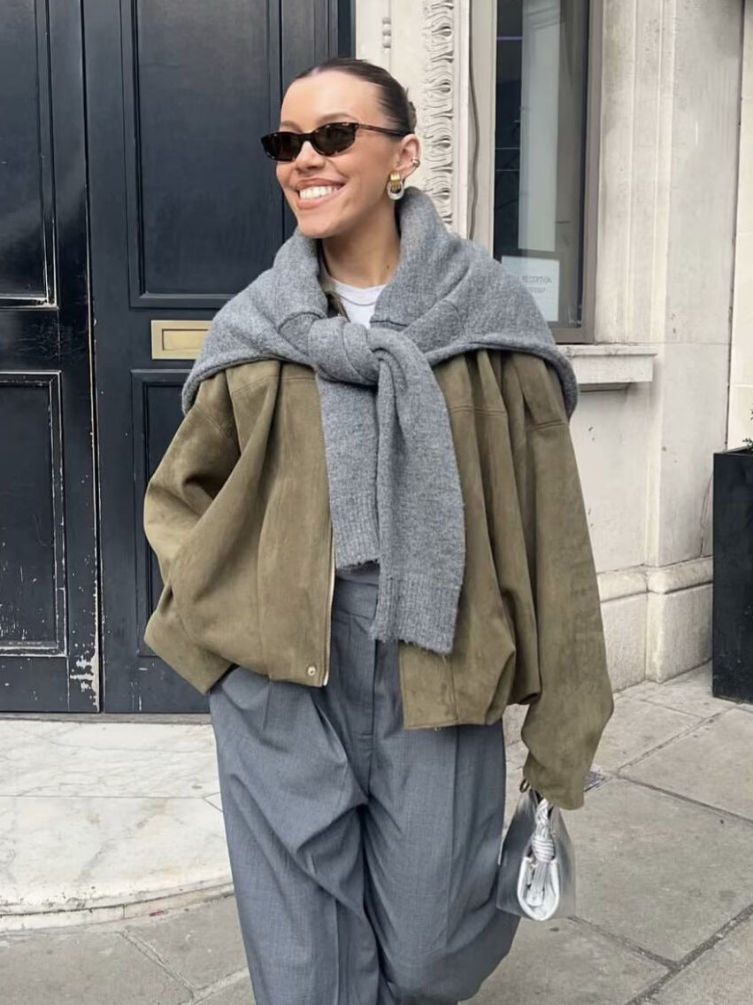 Oversize Yeşil Süet Görünümlü Mont