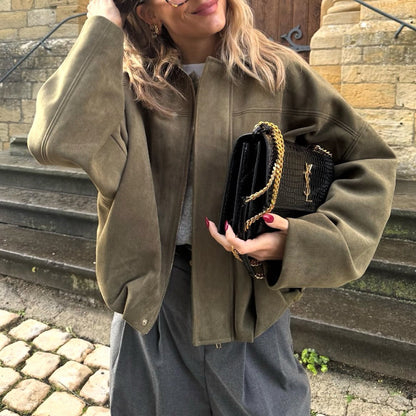 Oversize Yeşil Süet Görünümlü Mont