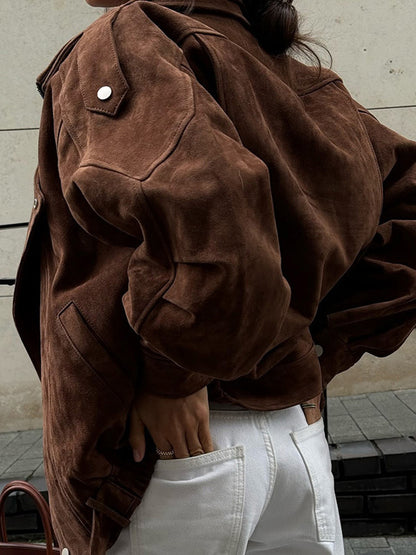 Oversize Süet Görünümlü Kahverengi  Mont