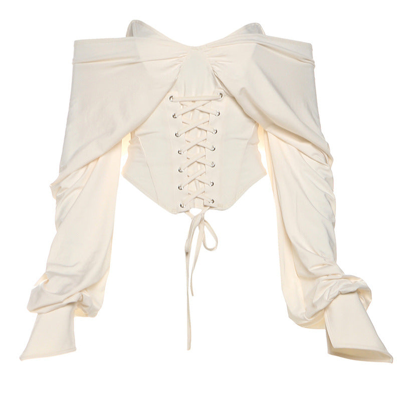 Elegancka bluzka z koronką i odkrytymi ramionami, krótka, wiązana