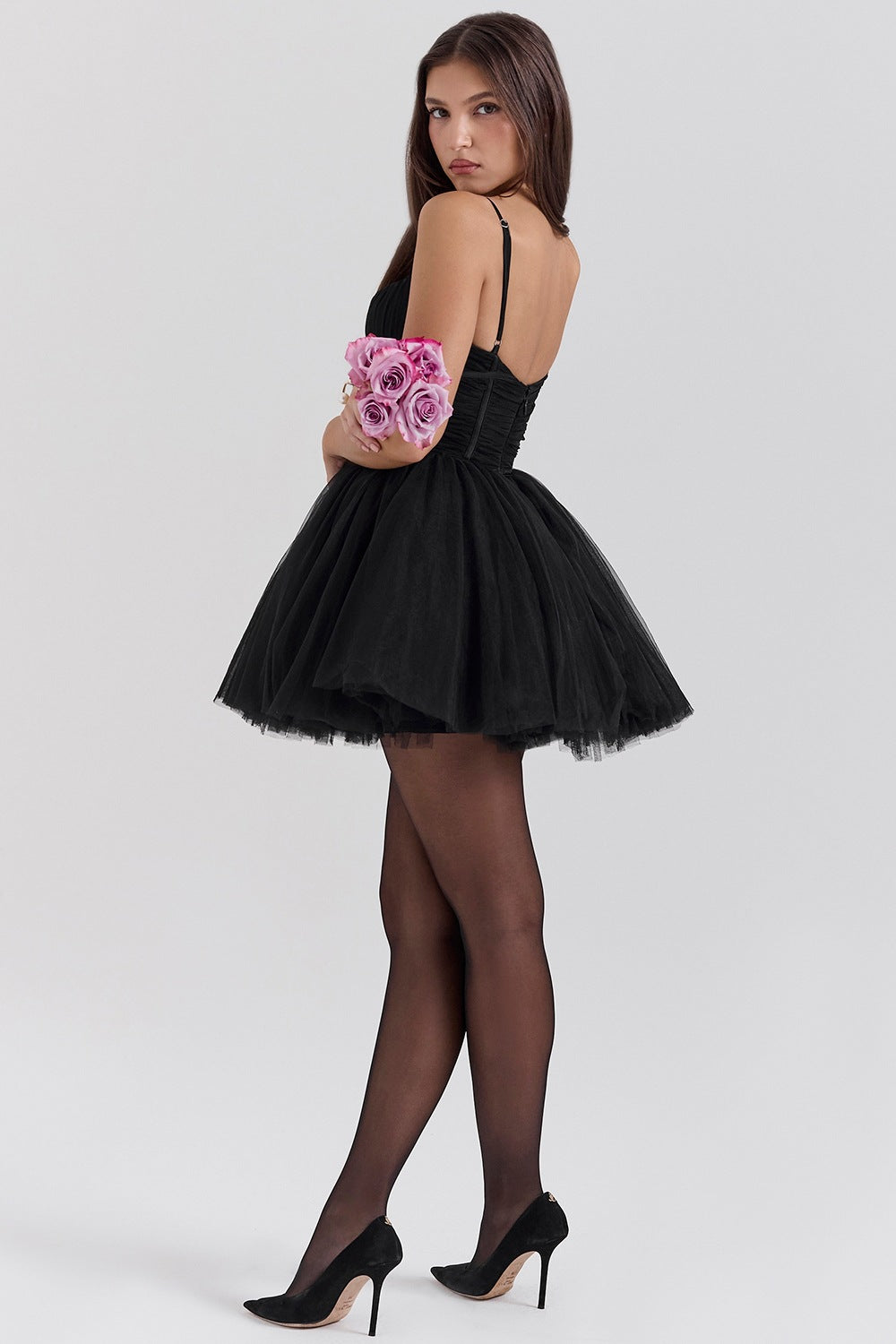 Pretty Fiyonklu Tül Slip Parti Mini Elbise-Siyah
