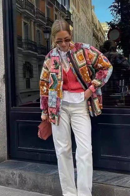 Vintage Baskılı Kapitone Ceket