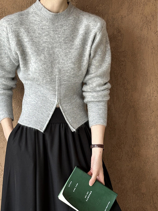 Yuvarlak Yaka Fermuarlı Tasarım Kazak