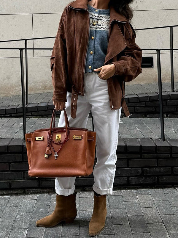 Oversize Süet Görünümlü Kahverengi  Mont