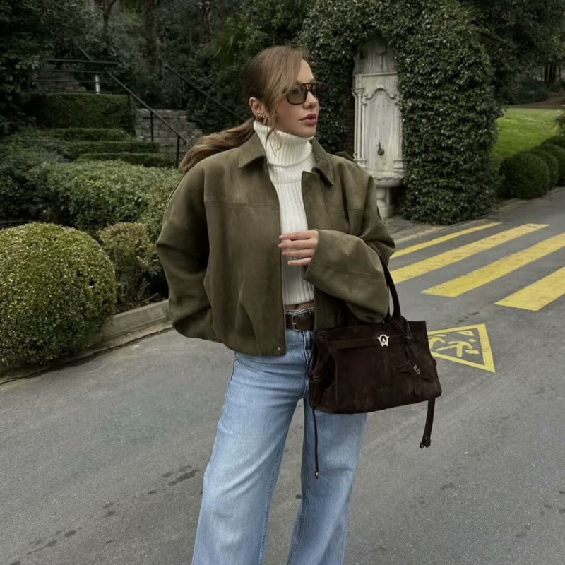 Oversize Yeşil Süet Görünümlü Mont