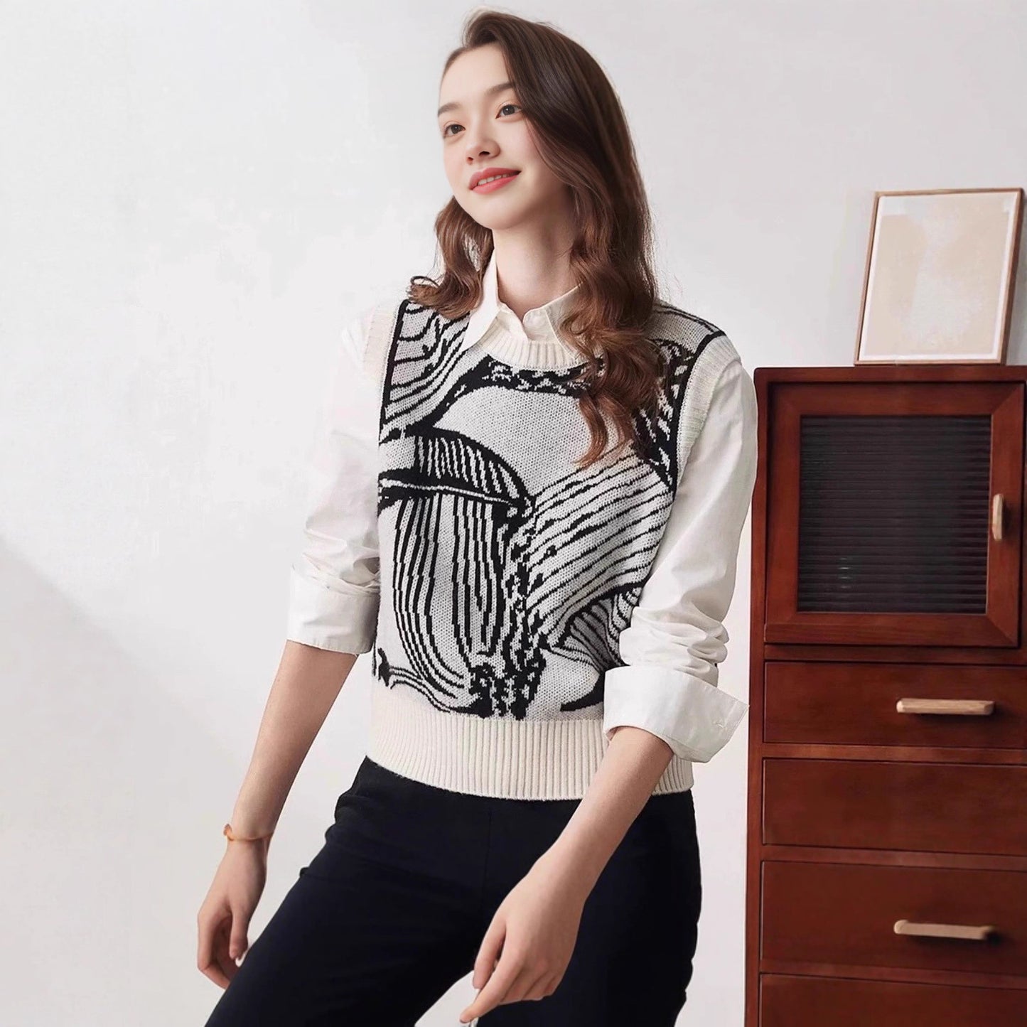 Sweter z kwiatowym wzorem, dzianinowy top i kamizelka