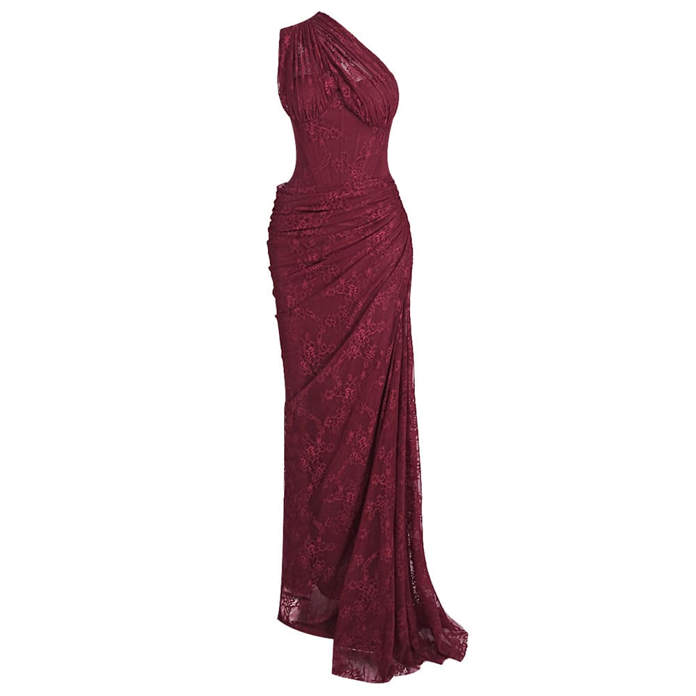 Melisande Tek Omuz Maxi Elbise-Bordo