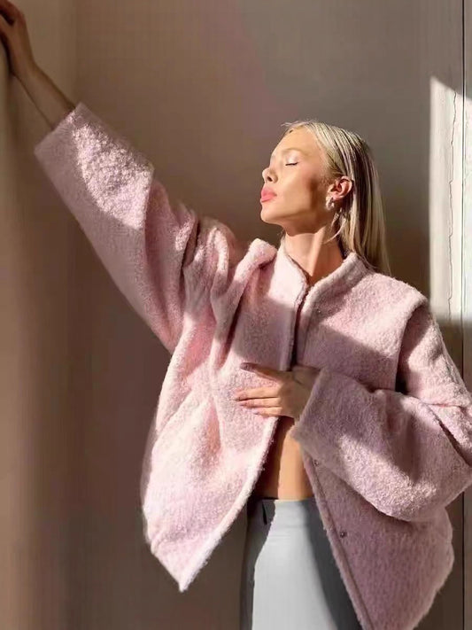 Viveka Oversize Pembe Peluş Mont