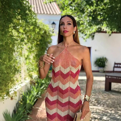 Renk Bloklu Halter Düğümlü Bölünmüş Örgü Pareo Elbise