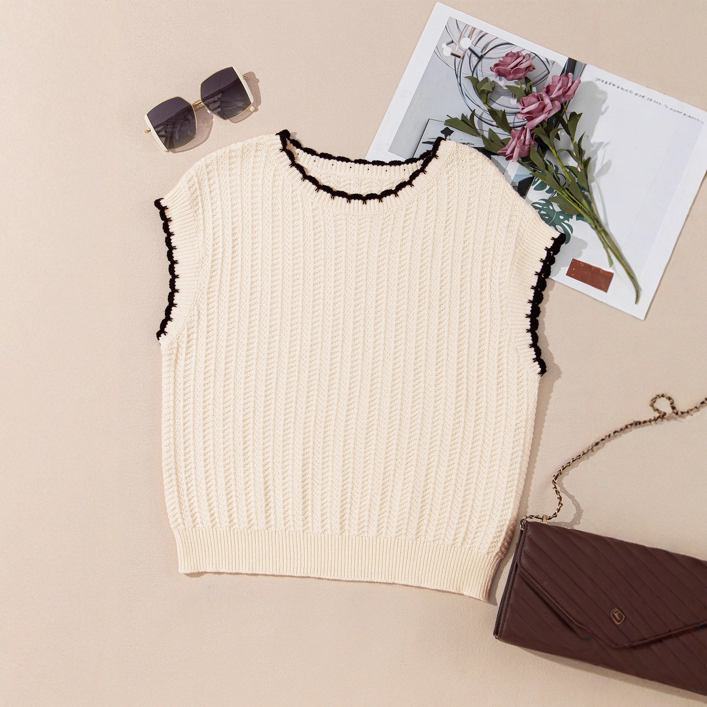 Sweter bez rękawów, prążkowany, z kontrastowym wykończeniem