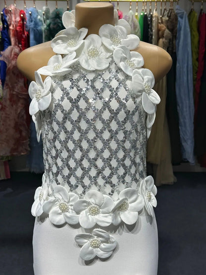 Jacqueline Beyaz Kolsuz Maxi Elbise, 3D Yaprak Detaylı